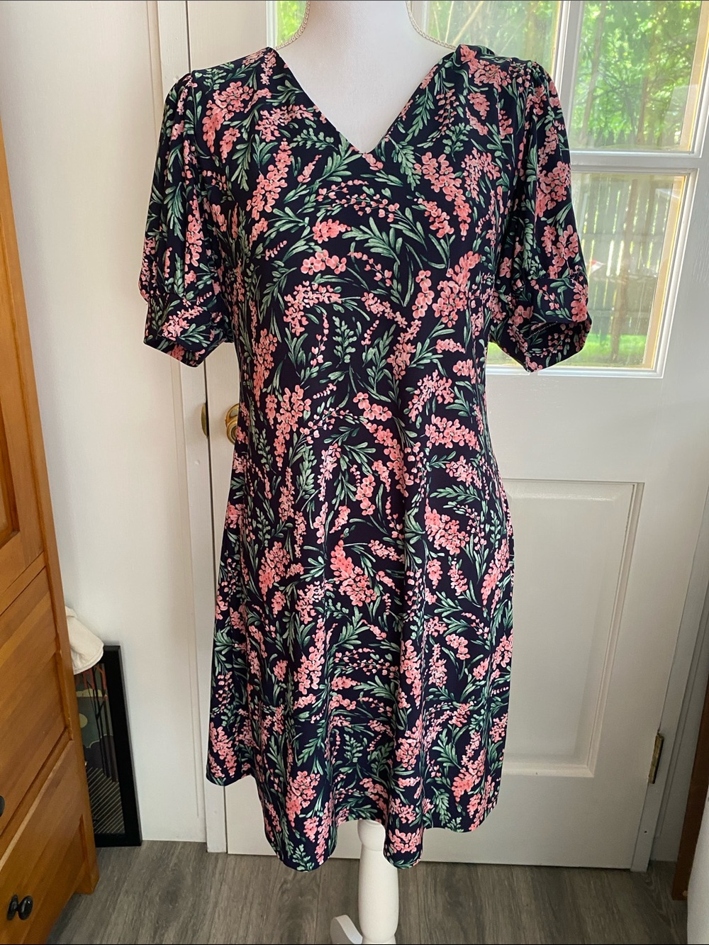 Tommy Hilfiger Navy Floral V-Neck Puff Sleeve Mini Dress with Pink Blossoms